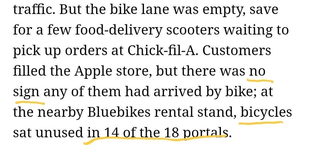 but the bike lane was empty, save for a few food-delivery scooters waiting to pick up orders at Chick-fil-A. Customers filled the Apple store, but there was no sign any of them had arrived by bike; at the nearby Bluebikes rental stand, bicycles sat unused in 14 of the 18 portals.